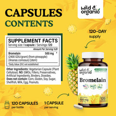 Close-up of Wild & Organic bromelain capsules showing vegan, non-GMO formula.