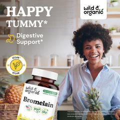 Wild & Organic bromelain capsules beside pineapple enzyme source for natural digestion support.