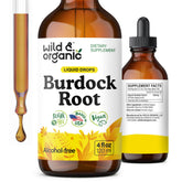 Wild & Organic burdock tincture bottle with vegan, alcohol-free drops for antioxidant support
