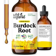 Wild & Organic burdock tincture bottle with vegan, alcohol-free drops for antioxidant support