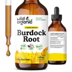Wild & Organic burdock tincture bottle with vegan, alcohol-free drops for antioxidant support