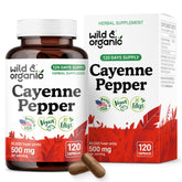 Wild & Organic cayenne capsules bottle showing 500 mg formula for digestive support.