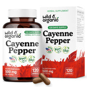 Wild & Organic cayenne capsules bottle showing 500 mg formula for digestive support.