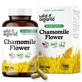 Wild & Organic chamomile extract capsules bottle for a calming evening routine.