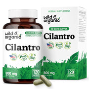 Wild and Organic Cilantro Capsules bottle close-up showing 800 mg per serving for detox support.
