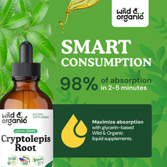 Wild & Organic cryptolepis drops dispensing close-up for convenient daily use.