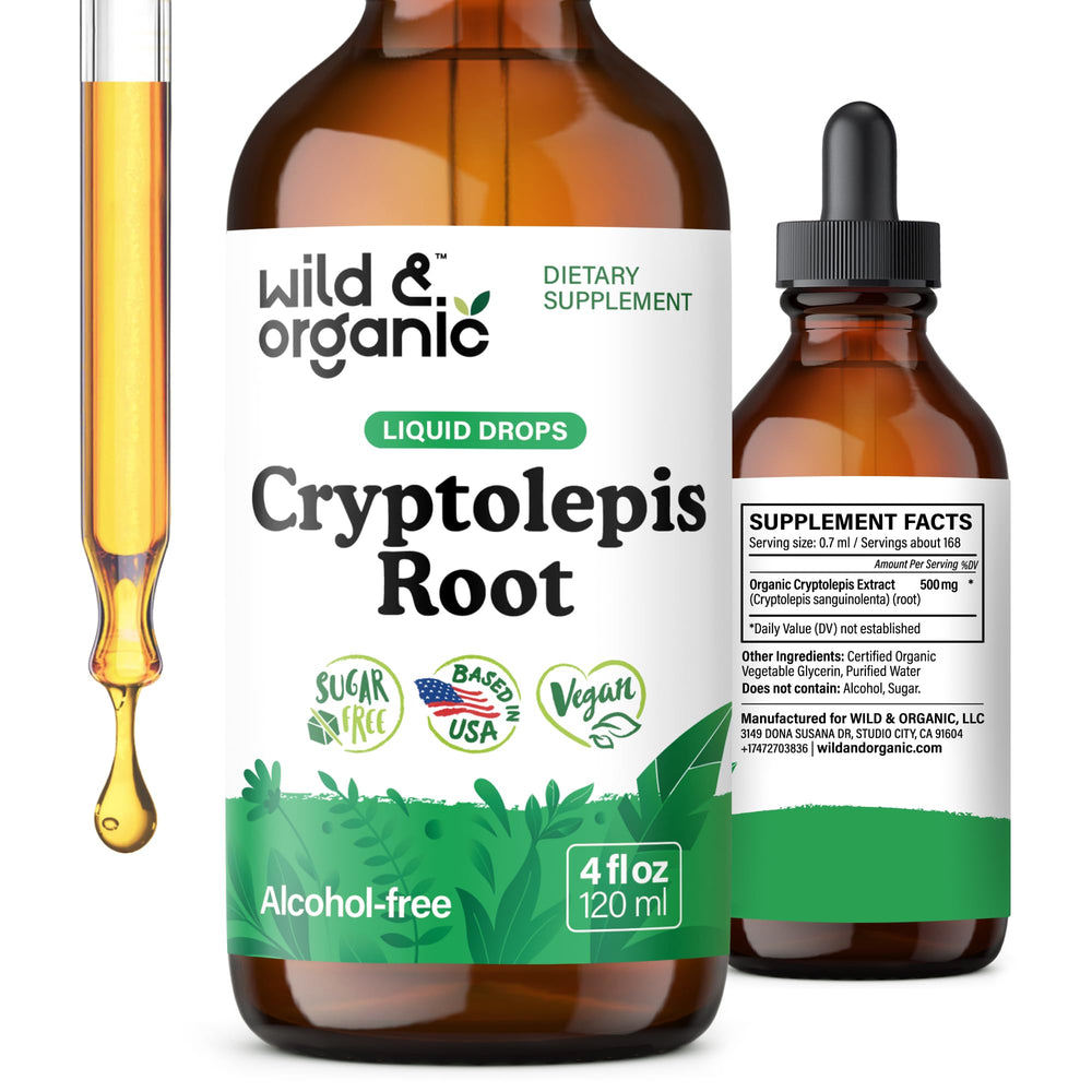 Wild & Organic cryptolepis tincture bottle front view for detox and immune support.