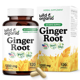 Wild & Organic ginger root capsules bottle showing easy daily immune and digestive support