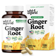 Wild & Organic ginger root capsules bottle showing easy daily immune and digestive support