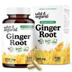 Wild & Organic ginger root capsules bottle showing easy daily immune and digestive support
