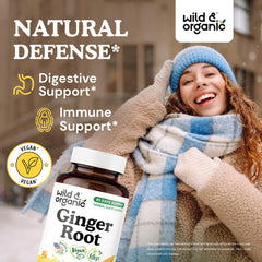 Wild & Organic Ginger Root Capsules label close-up showing vegan, non-GMO formula