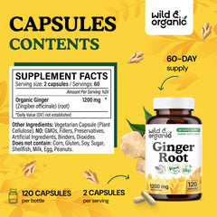Wild & Organic ginger root powder inside capsules with natural plant-based formulation