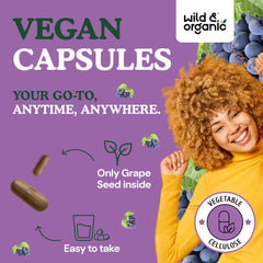 Wild & Organic grape seed extract capsules close-up with smooth coating