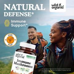 Wild & Organic Immune Mushroom Blend capsules close-up showing vegan capsules.
