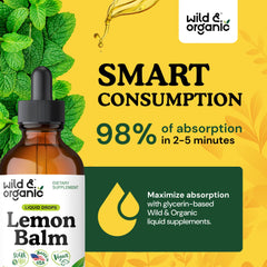 Wild & Organic Lemon Balm Tincture bottle open with drops ready for use, alcohol-free.