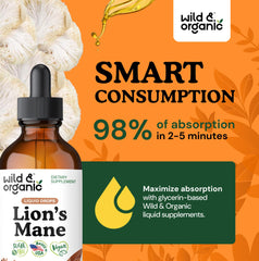 Wild & Organic Lions Mane Liquid Drops label close-up shows vegan formula