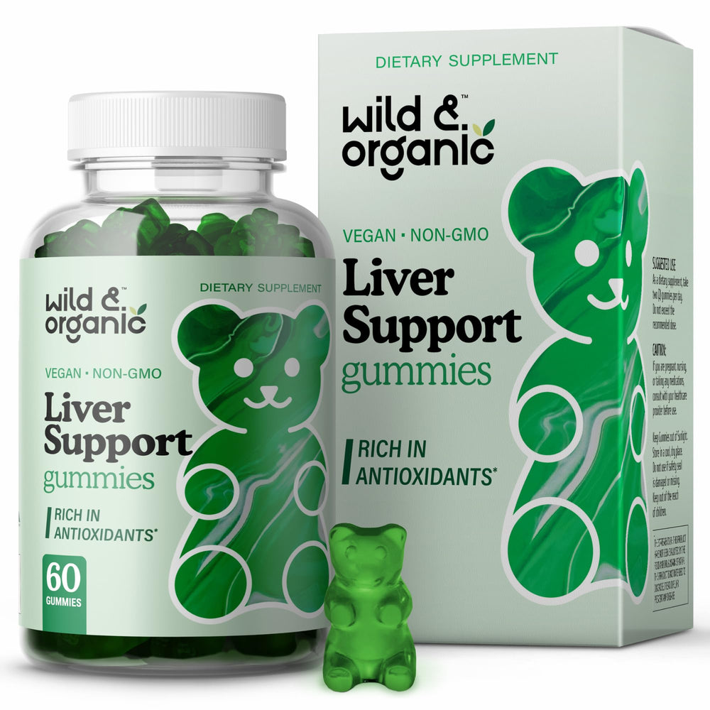 Wild & Organic Liver Support Gummies bottle front view, showcasing vegan daily wellness.