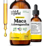 Wild & Organic Maca Ashwagandha Drops bottle front for daily vitality support.