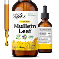 Wild & Organic Mullein Drops bottle front with brand logo on a clean label.