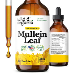 Wild & Organic Mullein Drops bottle with glycerin-based tincture for daily use.
