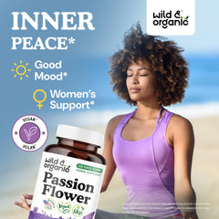 Closeup of Wild & Organic passion flower capsules highlights vegan, non-GMO formula.