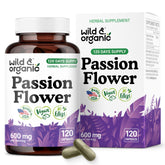 Wild & Organic Passion Flower Extract capsules bottle shows 600 mg relaxation support.