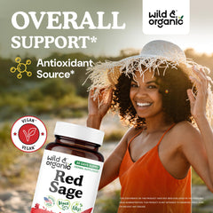 Wild and Organic Red Sage Capsules close-up showing 1200 mg per serving.