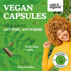 Wild and Organic Sage Capsules ingredients label showing vegan and non-GMO promises