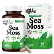 Wild & Organic Sea Moss Capsules bottle front for daily wellness support.