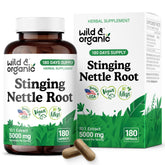 Wild & Organic nettle root bottle showing a 180-day daily urinary support supply.