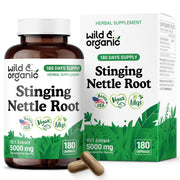 Wild & Organic nettle root bottle showing a 180-day daily urinary support supply.