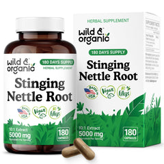 Wild & Organic nettle root bottle showing a 180-day daily urinary support supply.