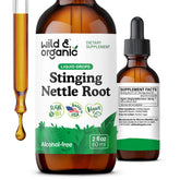 Wild and Organic Stinging Nettle Root Drops bottle with label, vegan formula.