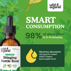 Ingredient highlight for Wild and Organic nettle drops shows vegan and GMO-free formula.