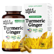 Wild & Organic turmeric ginger bottle front showing 90 capsules for daily use