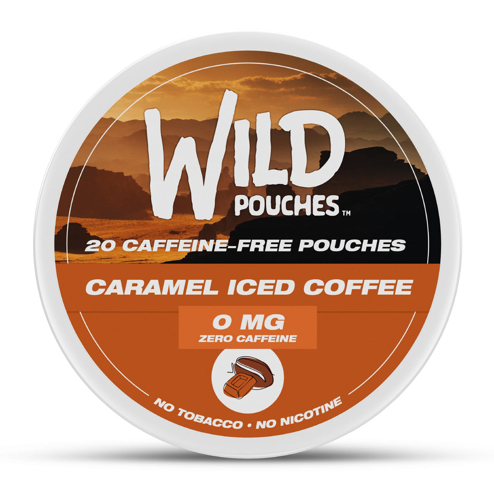 Wild Pouches caramel coffee 0mg can front shows caffeine-free flavor option