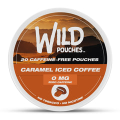 Wild Pouches caramel coffee 0mg can front shows caffeine-free flavor option
