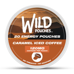 Wild Pouches caramel coffee pouch closeup for a quick, focused energy boost.