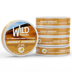 Wild Pouches Honey Ginger no nicotine image highlights a caffeine-free flavor option for cravings