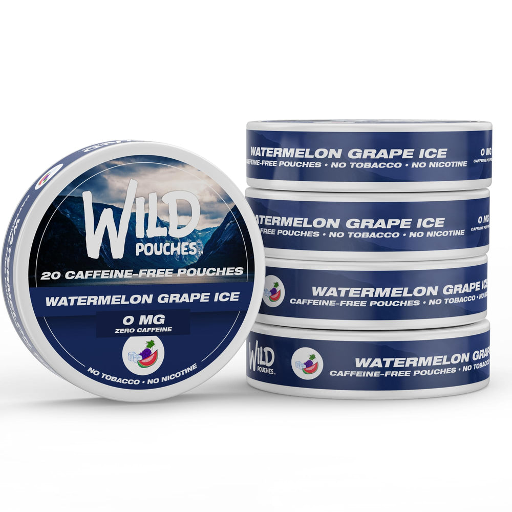 Wild Pouches iced watermelon grape 0mg pack front highlights caffeine-free flavor.