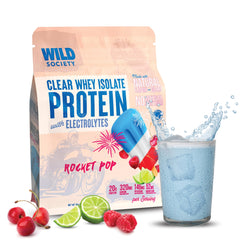 Wild Society Clear Whey bottle label showing transparent, refreshing protein option for post‑workout hydration.