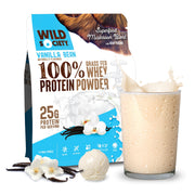 Wild Society vanilla bean whey powder tub highlights 25 g protein per serving for daily fueling.