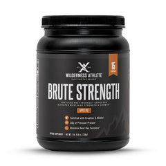 Wilderness Athlete Brute Strength bottle open showing post-workout support and Apple Pie flavor