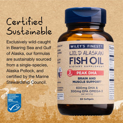 Sustainable wild Alaskan pollock source logo beside Wiley's Finest bottle.