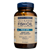 Wiley's Finest Peak EPA softgel bottle front, supports daily omega-3 intake