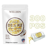 Willbin vitamin d3 k2 softgels bottle shows 2 in 1 option for bone and heart support.