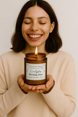 Close-up of Willow & Wicks label on amber jar showing clean-burning soy wax.