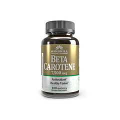 Windmill Beta Carotene softgels bottle front, supports daily antioxidant wellness.