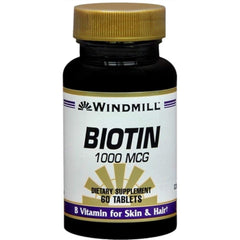 Windmill Biotin 1000mcg tablets (windmill-biotin-1000mcg-tablets-60ct) support hair, skin and nails health.