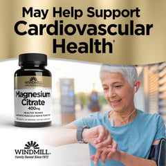 Windmill Magnesium Citrate tablets closeup; highlights highly absorbable citrate form for better absorption.